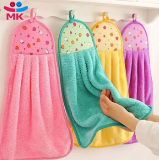Print Coral Fleece Microfiber Hanging Hand Towel Cute Kids Washcoloths Quick Dry Thicken Cleaning Cloths Wipes Rags for Kitchen & Bathroom 38*30cm